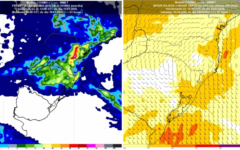 Chuvas intensas e ventos fortes afetarão Sul e Sudeste no fim de semana